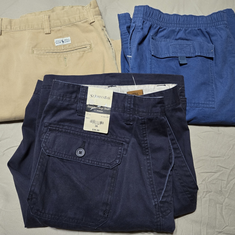 Lot Of 3 Size 36 Shorts. Polo by Ralph Lauren Tan, St JOHNS Navy, Haggar Blue